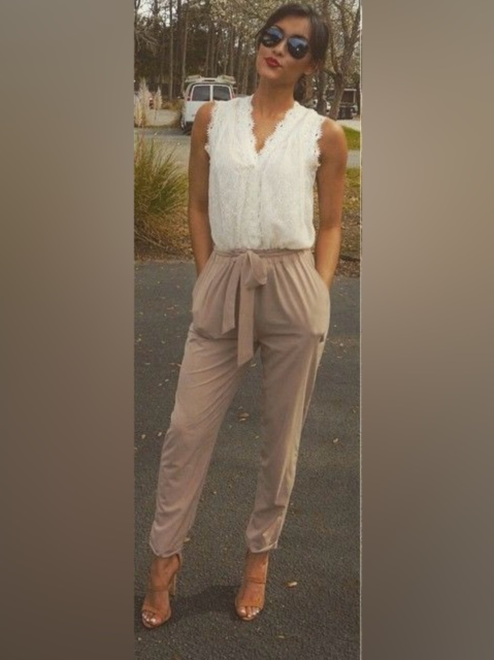 L'ATISTE Tan White Lace Bodice Pocket Jumpsuit Whimsical Featherlight S Coastal